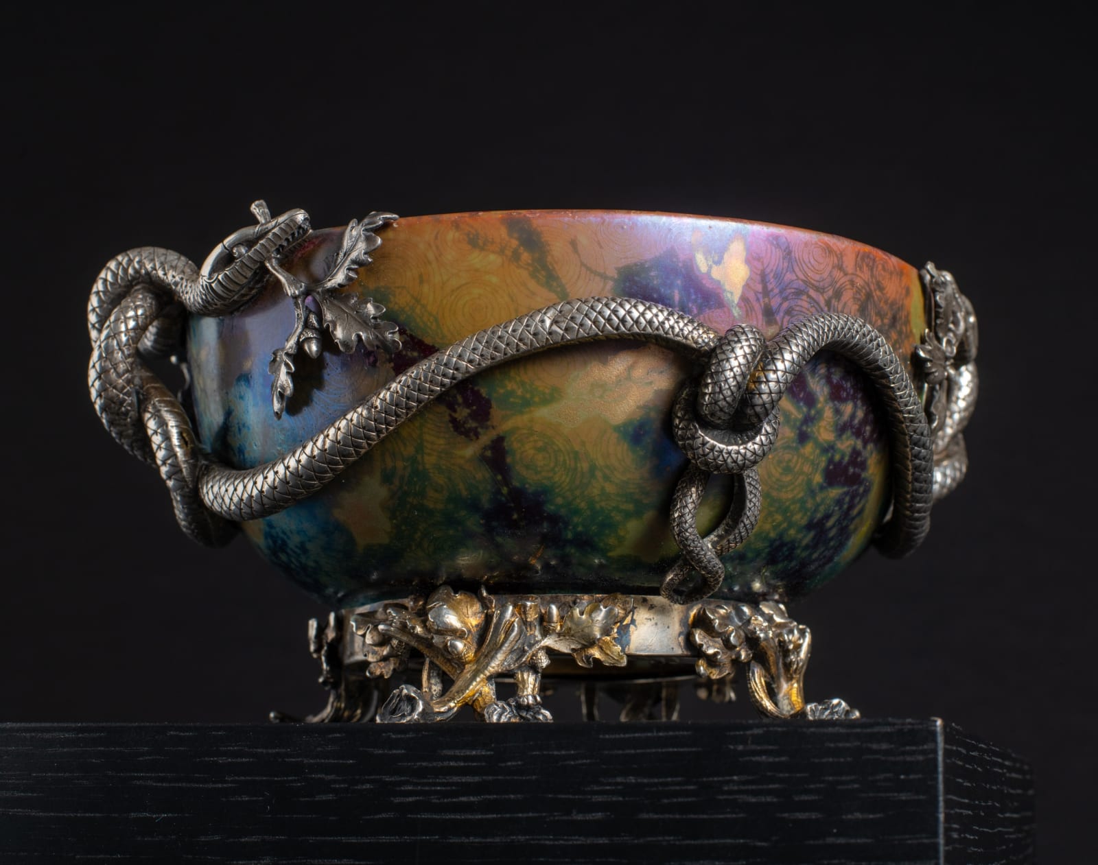 Massier, Leafy Bowl in Silver Entwined Serpent Mount,  c. 1895