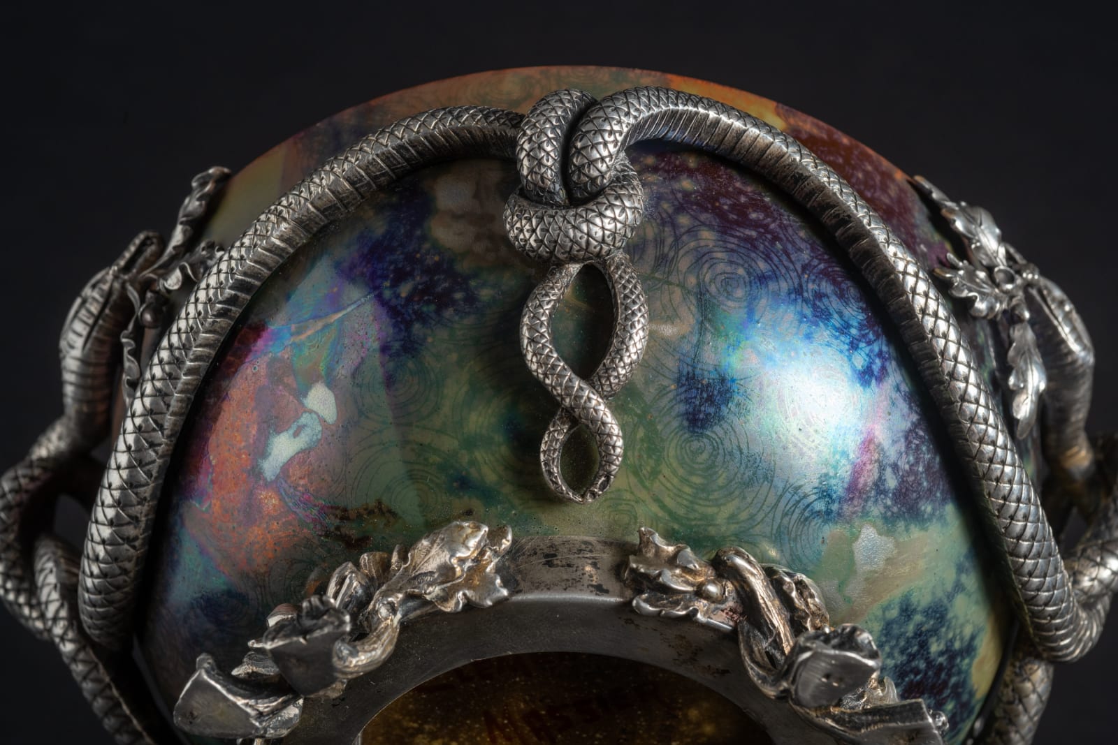 Massier, Leafy Bowl in Silver Entwined Serpent Mount,  c. 1895