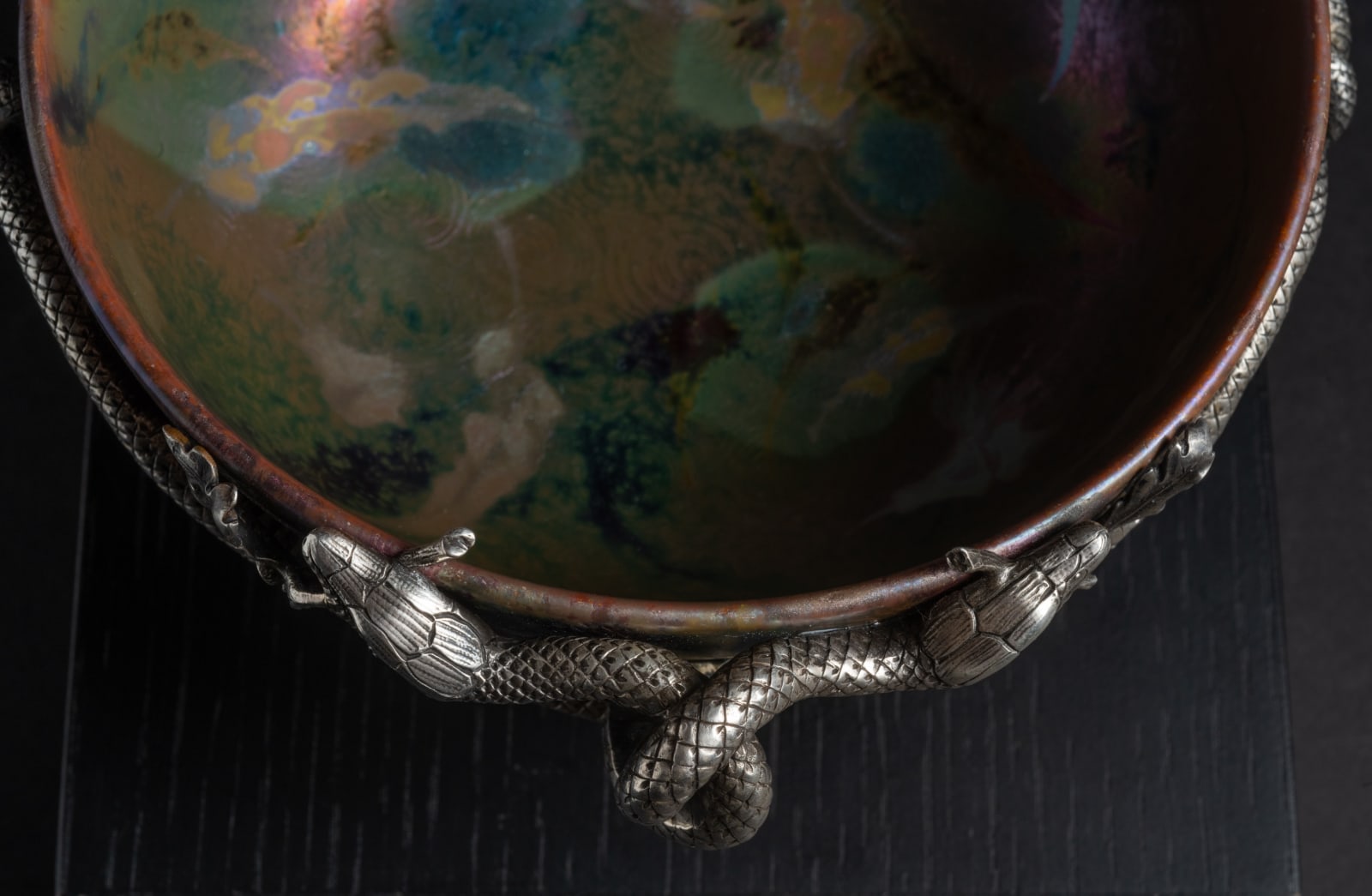 Massier, Leafy Bowl in Silver Entwined Serpent Mount,  c. 1895