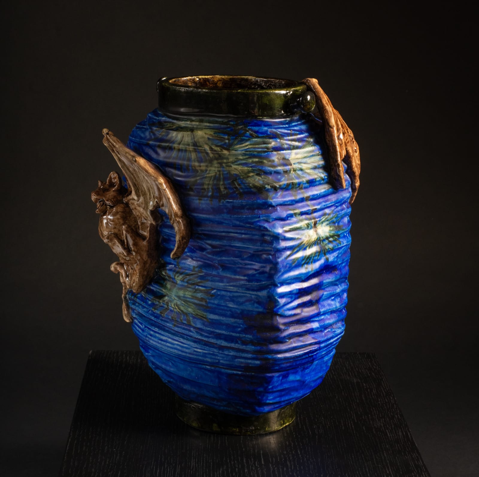 Edmond Lachenal, Lantern-Shaped Vase with Moon & Bats,  c. 1895