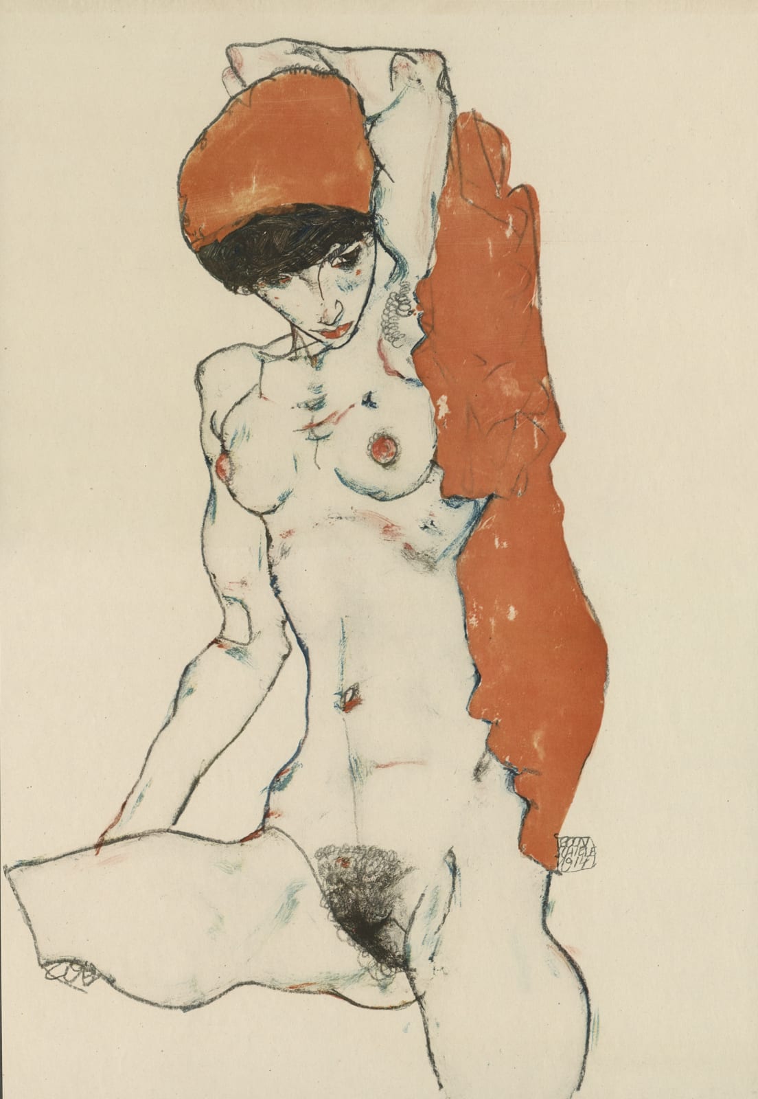 Egon Schiele, Seated Female Nude w/Orange Drapery,  1920