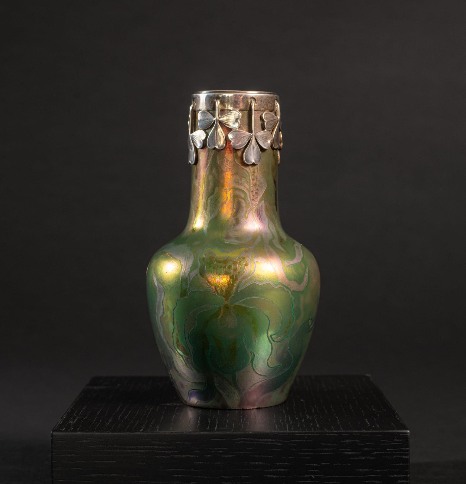 Massier, Iris Cabinet Vase with Silver Clover Leaf Collar,  c. 1900