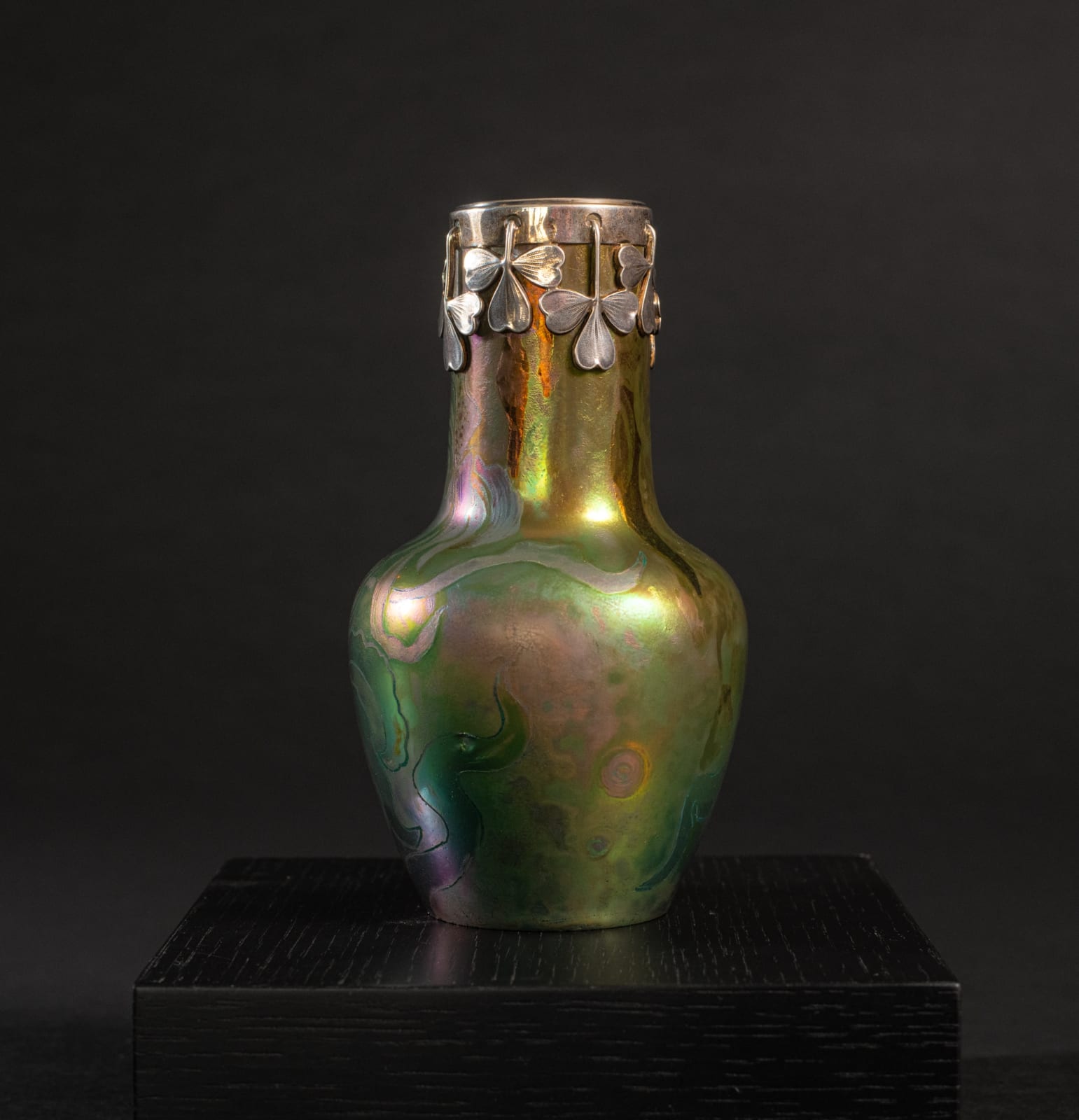 Massier, Iris Cabinet Vase with Silver Clover Leaf Collar,  c. 1900