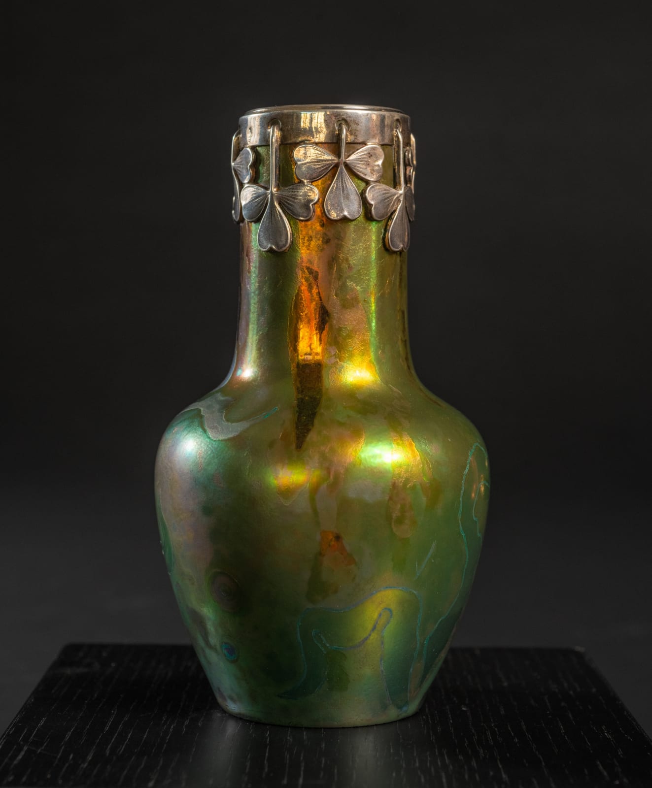 Massier, Iris Cabinet Vase with Silver Clover Leaf Collar,  c. 1900