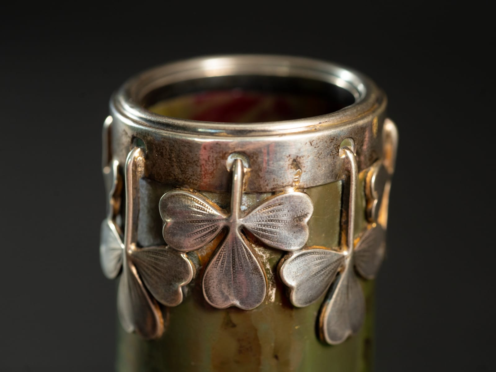 Massier, Iris Cabinet Vase with Silver Clover Leaf Collar,  c. 1900