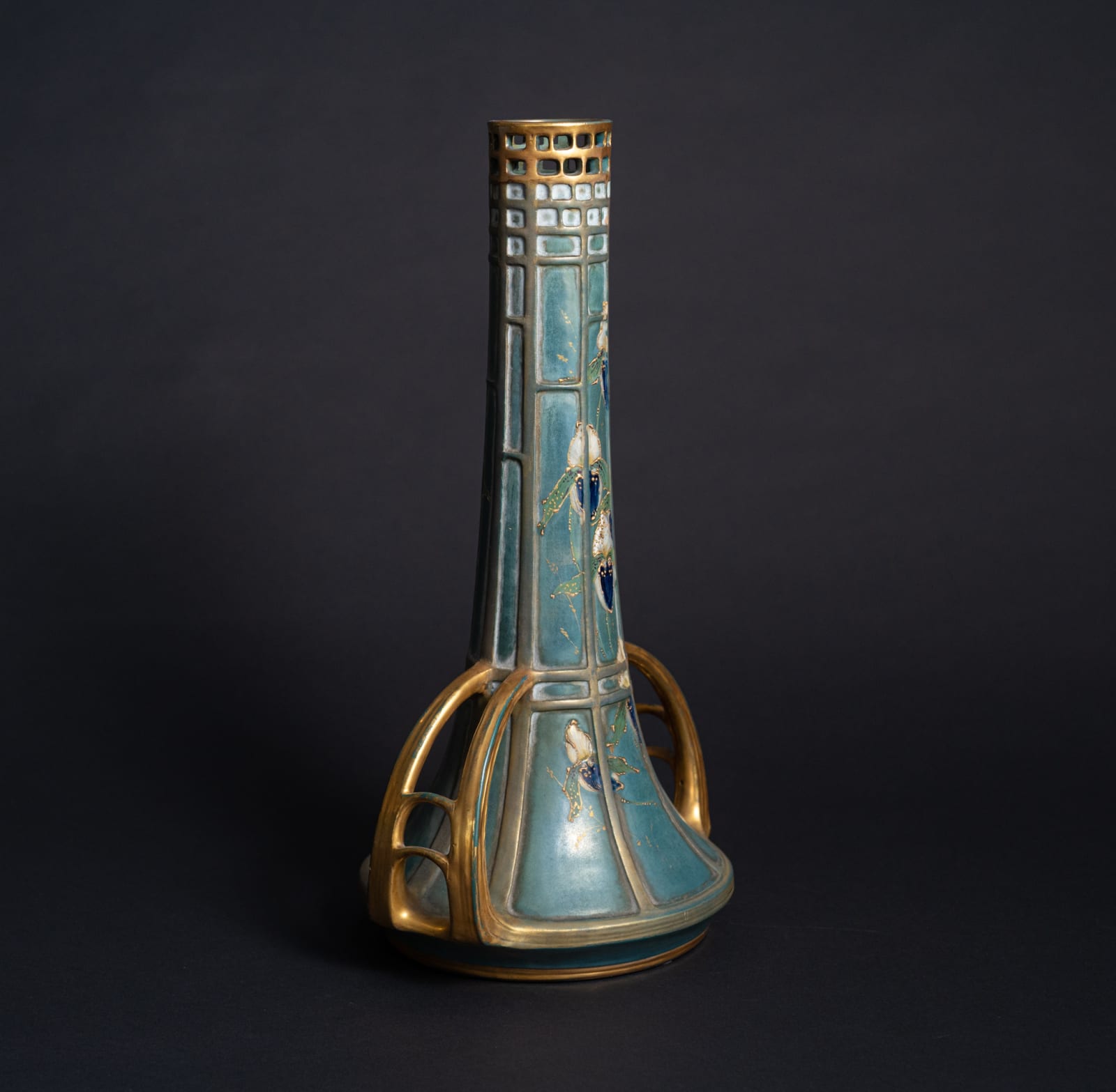 Amphora, Two-Handled Reticulated Top Vase with Enameled Flowers,  1906-1907