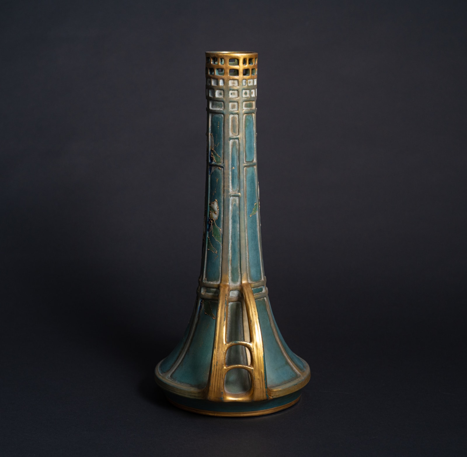 Amphora, Two-Handled Reticulated Top Vase with Enameled Flowers,  1906-1907