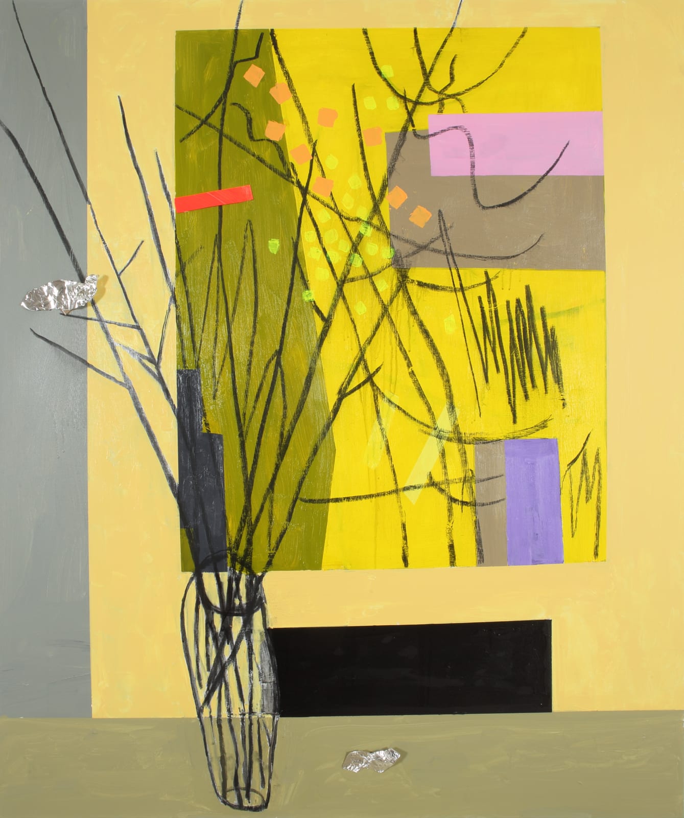 Bruce McLean, Twig Arrangement in Front of Garden Arrangement - Yellow, Beige Wall, 2021