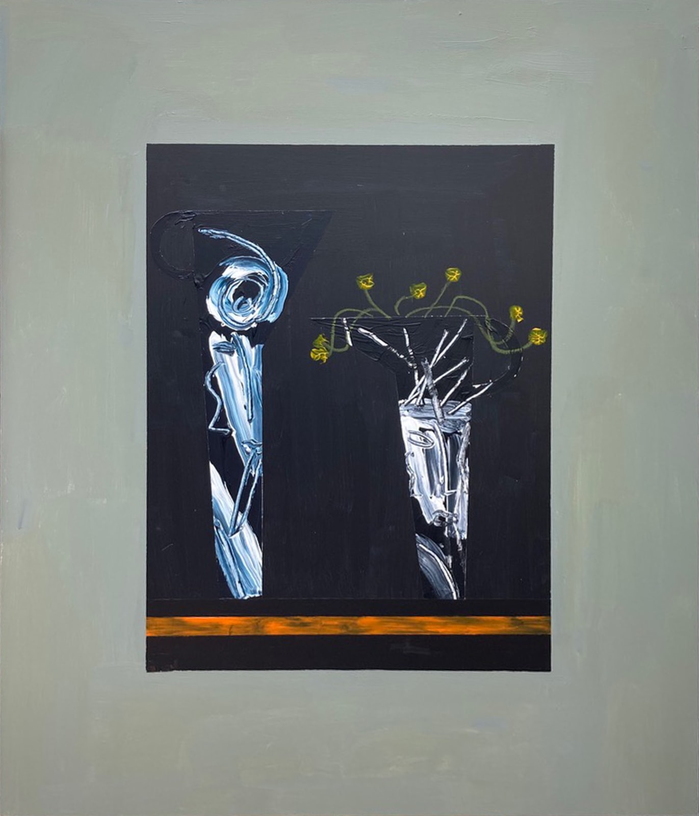 Bruce McLean, Two Black Sculptural Jugs on Black Background, Plus Orange Stripe, 2022