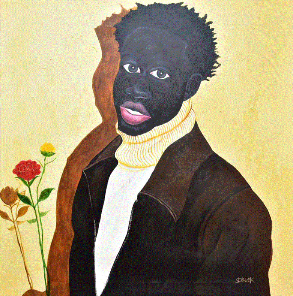 Discover the captivating art of Joseph Adibleku 'Joblek' with 'Flower to My Loved One, 2021' visit Berj Art Gallery. Explore the artist's unique style.