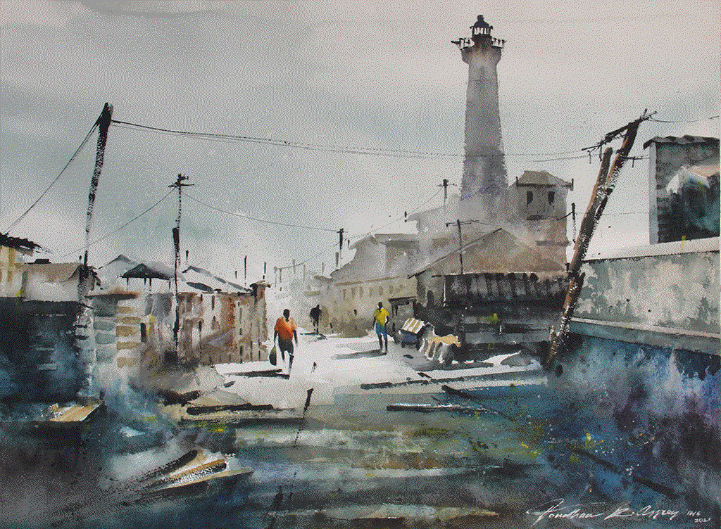 Explore the stunning watercolor painting 'Memories of James Town' by Jonathan Kwegyir Aggrey. View the artwork now at Berj Art Gallery.