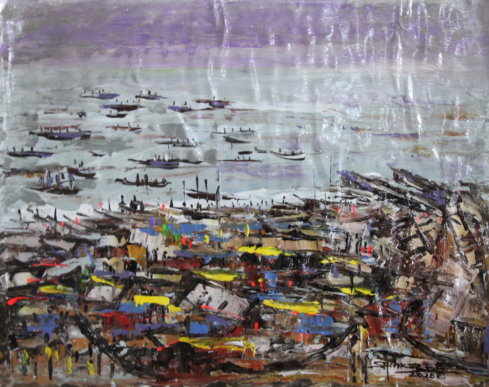 Discover 'Fish Town' by Sam Kobee at Berj Art Gallery. This oil painting captures the vibrant atmosphere of a coastal community with its bustling market
