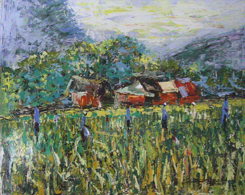 'Good Morning, Farmers' by Sam Kobee at Berj Art Gallery. This vibrant painting captures the essence of rural life in 2020.