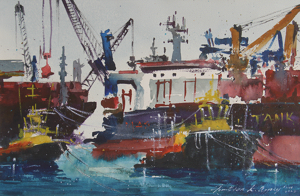 Explore the stunning watercolor painting by Jonathan Kwegyir Aggrey. Discover the beauty of Tema. view now at Berj Art Gallery.