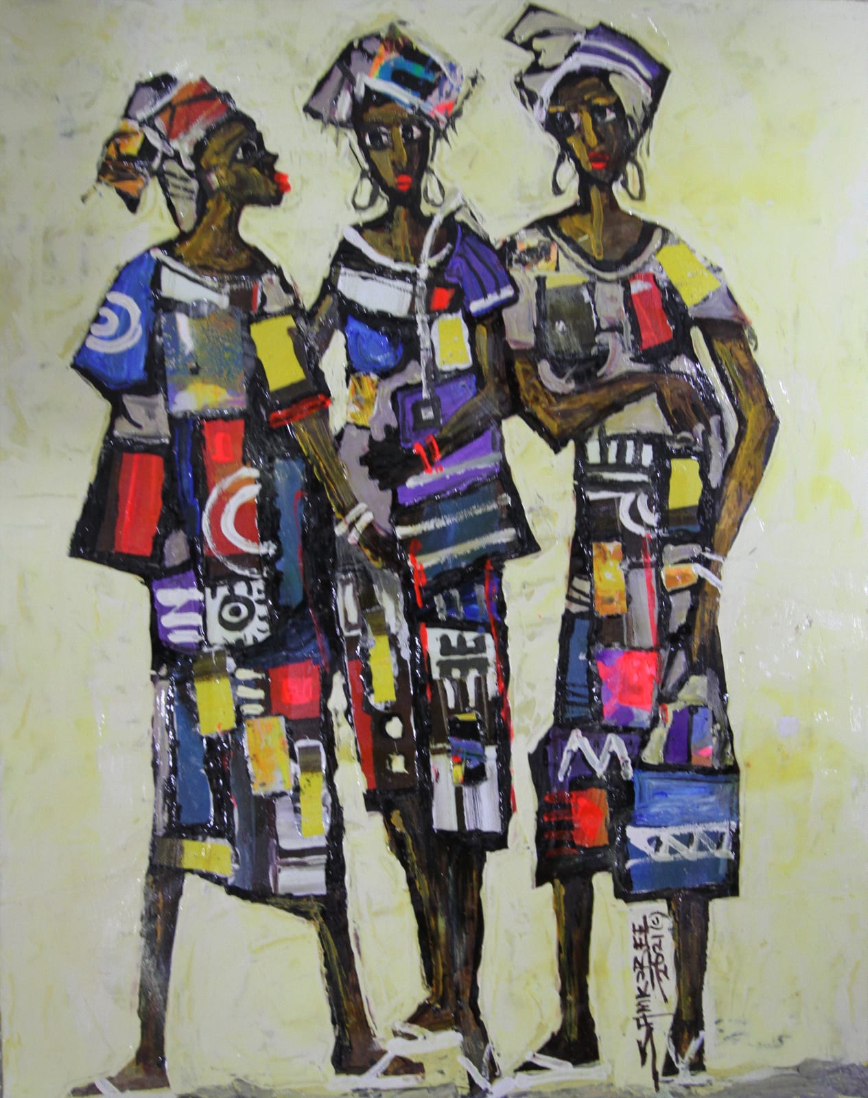 Discover 'Colourful Sisters,' an original artwork by Sam Kobee available at Berj Art Gallery. This contemporary piece features bold dynamic brushstrokes.