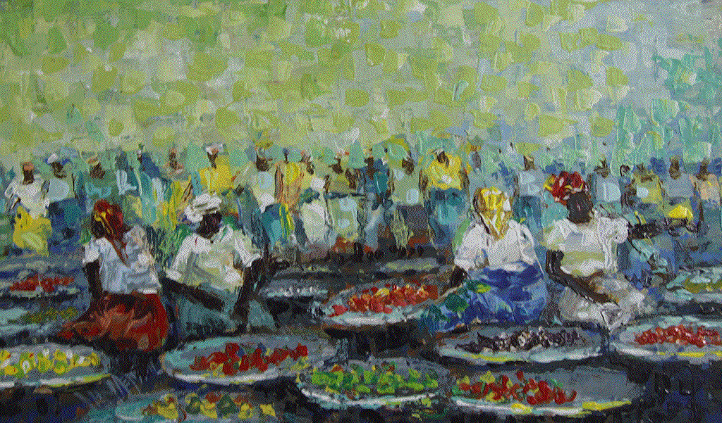Discover the vibrant Market Forms by John Mensah at Berj Art Gallery. Explore the dynamic artwork that showcases the beauty of Ghanaian marketplaces.