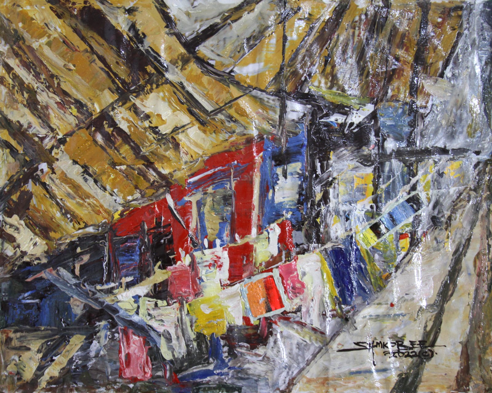 View 'Early Wash' by Sam Kobee, a stunning painting of a woman washing clothes. Discover more beautiful works of art at Berj Art Gallery.