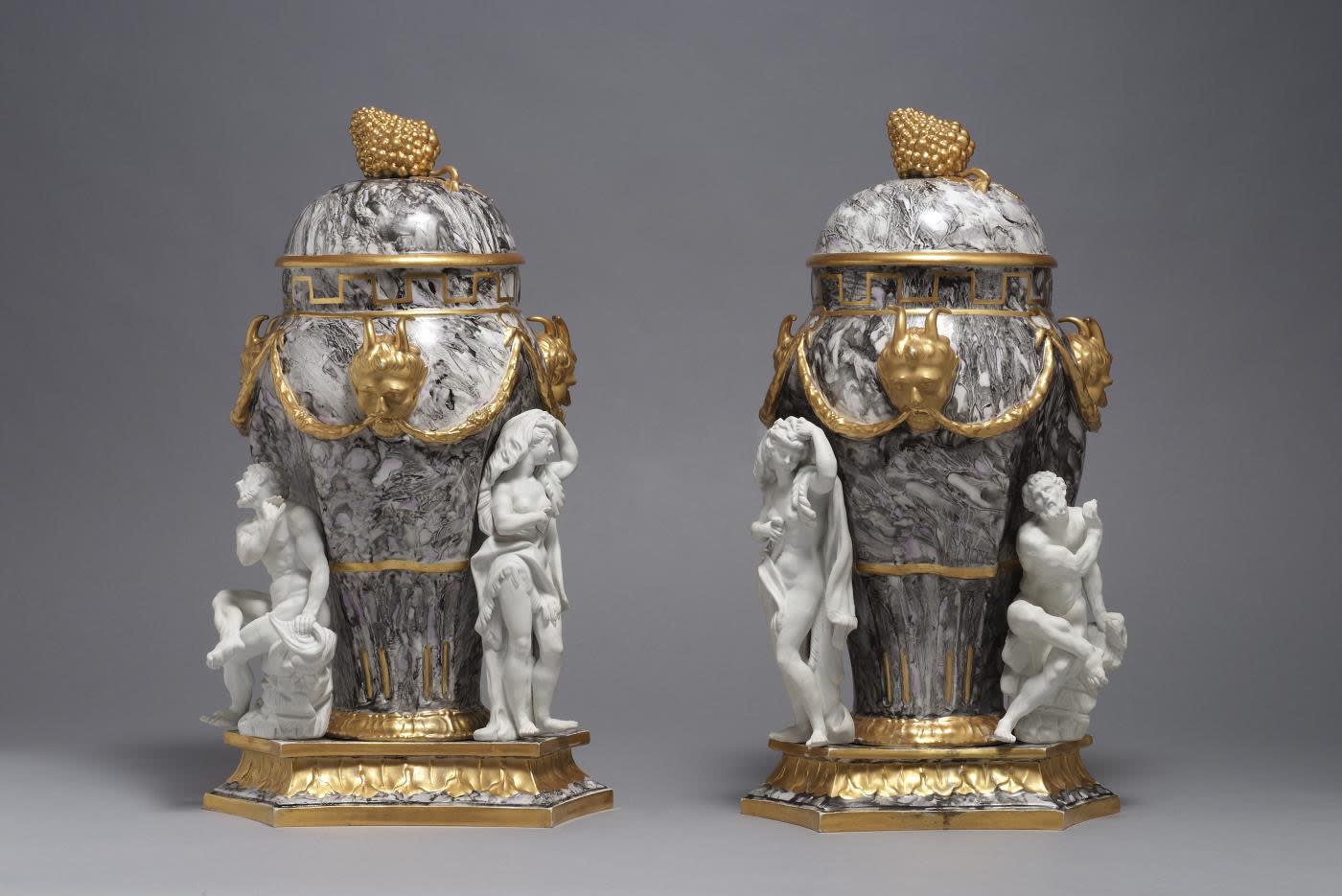 Pair of Fürstenburg Parcel Biscuit Grey Faux-Marble Ground Vases and Covers, Circa: 1779