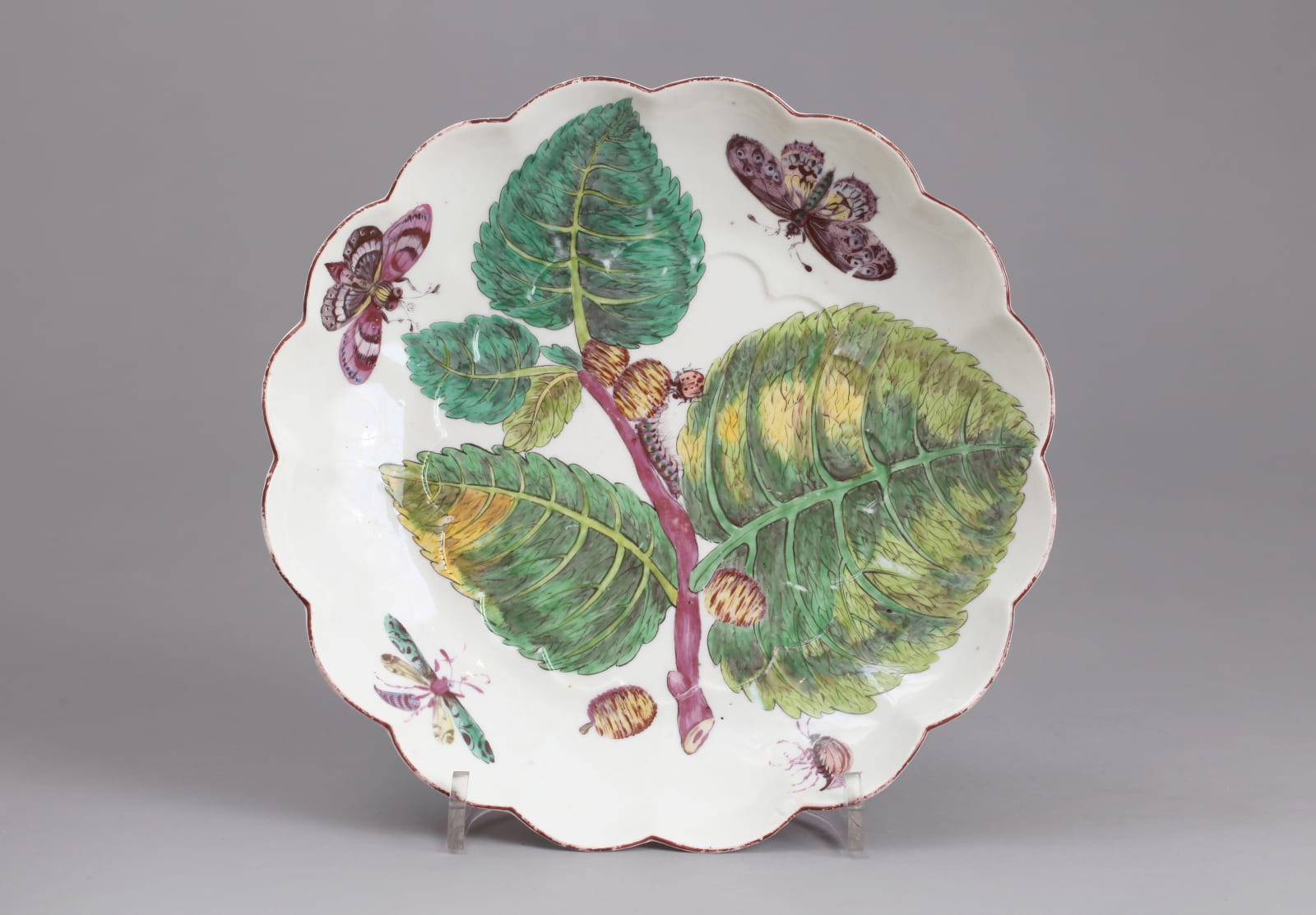 An extremely rare and fine Chelsea Porcelain shaped Circular Dish with ‘Hans Sloane’ type decoration of Mulberries, Circa 1752-55
