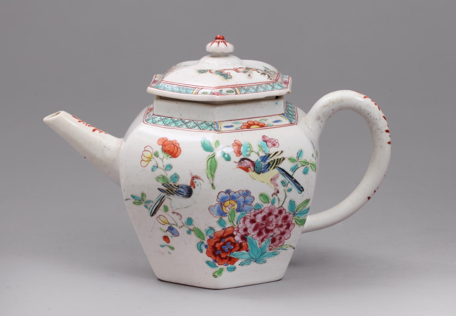 An extremely rare and highly important Chelsea porcelain Chinoiserie Hexagonal Teapot and Cover, Circa 1750-52