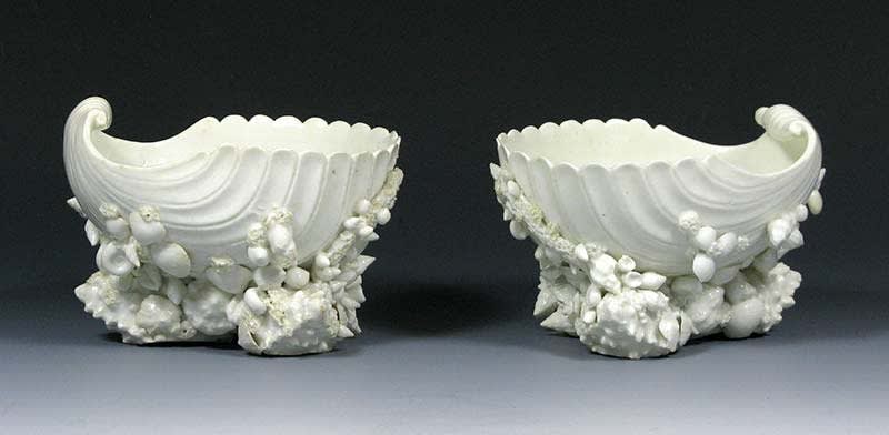 Pair of early Bow Large Shell Salts or Sweetmeats, Circa 1750-52