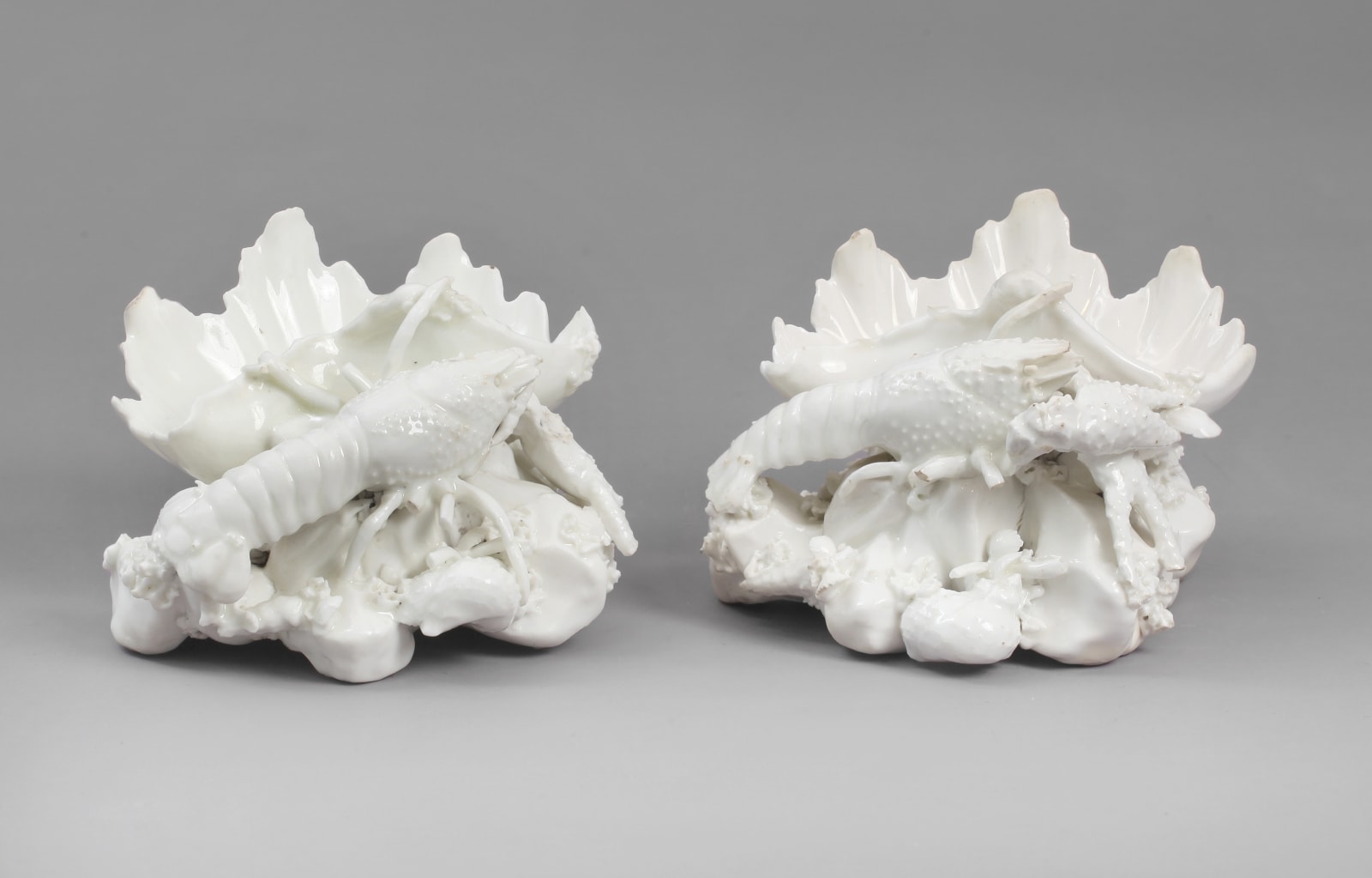An extremely rare and early Pair of Chelsea Porcelain Crayfish Salts of the Incised Triangle Period , Circa 1744-49