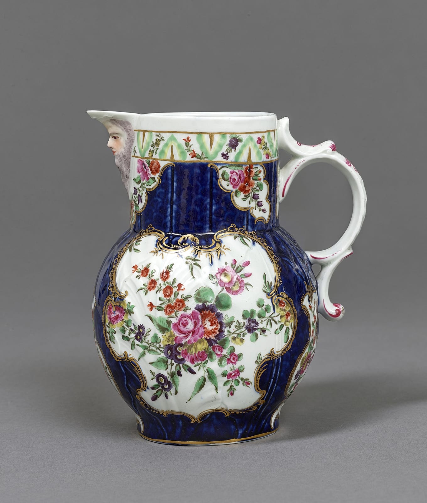 A Fine First Period Dr Wall Worcester Blue Scale Cabbage Leaf Moulded Mask Jug Circa 1770 Brian Haughton Gallery