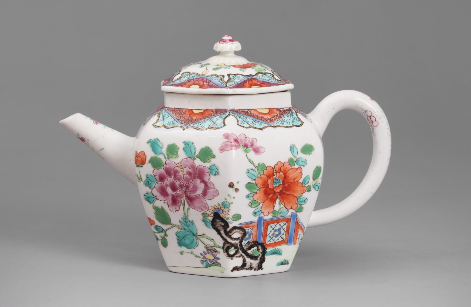 An extremely rare and highly important Chelsea porcelain Chinoiserie Hexagonal Teapot and Cover of the raised Anchor period , Circa 1750-52