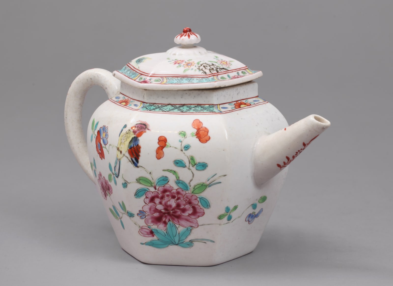An extremely rare and highly important Chelsea porcelain Chinoiserie Hexagonal Teapot and Cover, Circa 1750-52
