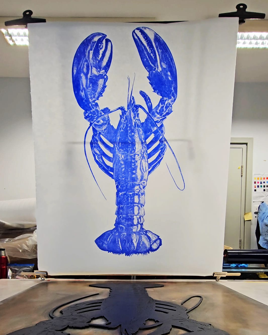 Maine Lobster linocut art print. Black on white by Nicola Wallis
