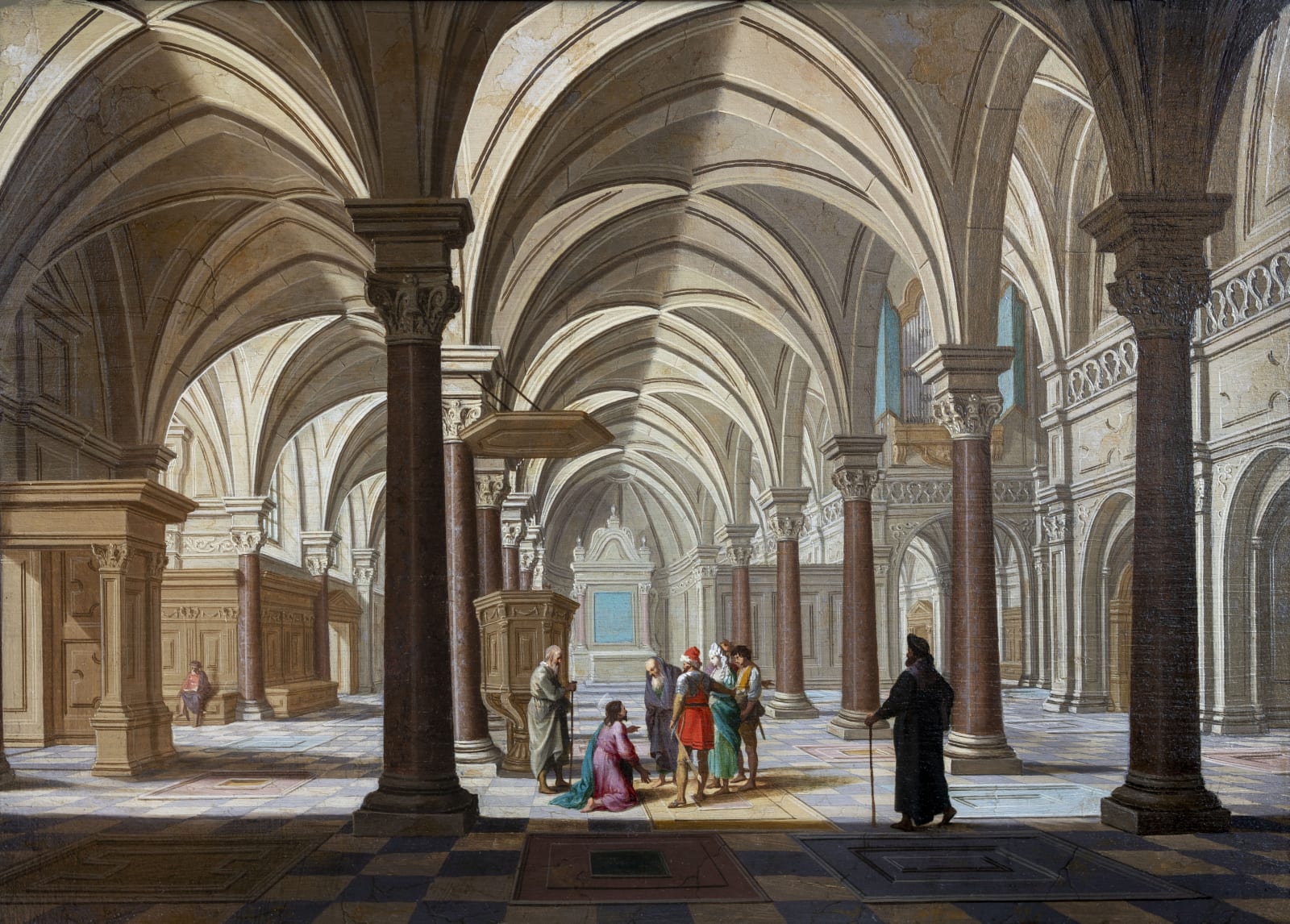 Dirck van DELEN 1605 - Arnemuden 1671, Intérieur d'un édifice religieux avec Jésus et la femme adultère