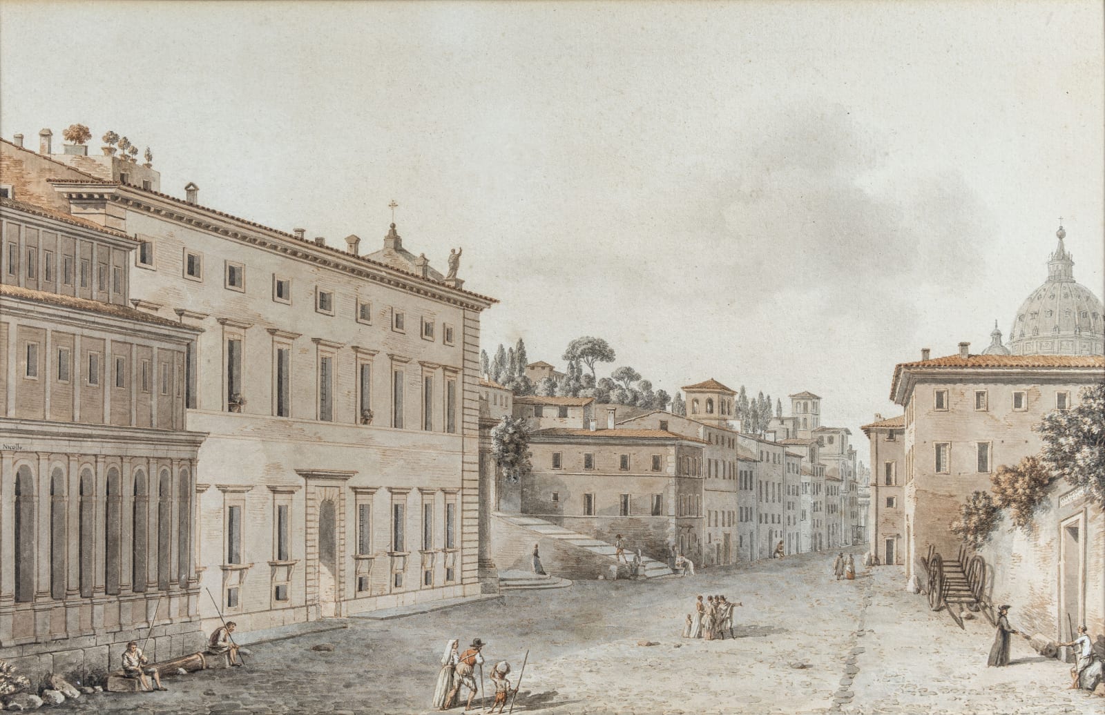 Victor Jean NICOLLE 1754 - Paris - 1826, Vue de l'Hôpital du St Esprit et de la Coupole de l'église St Pierre à Rome