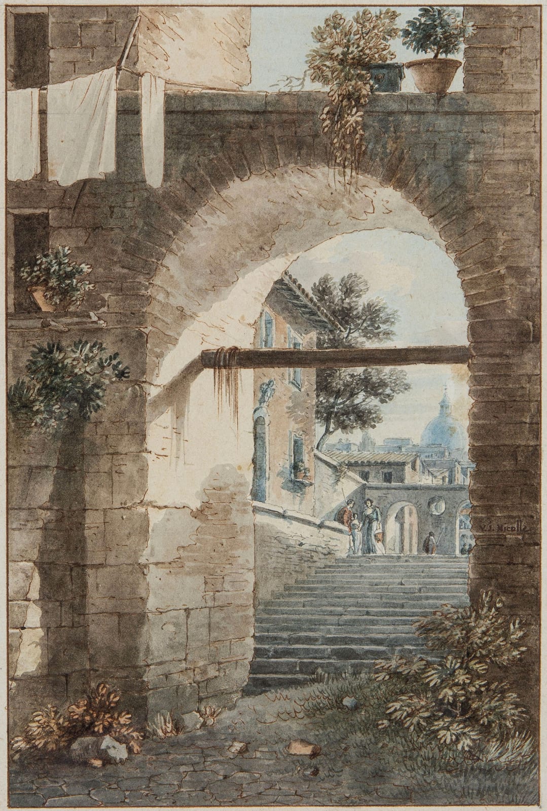 Victor-Jean NICOLLE, Vue de l'arc de Parme, près de la rue de l'Ours à Rome