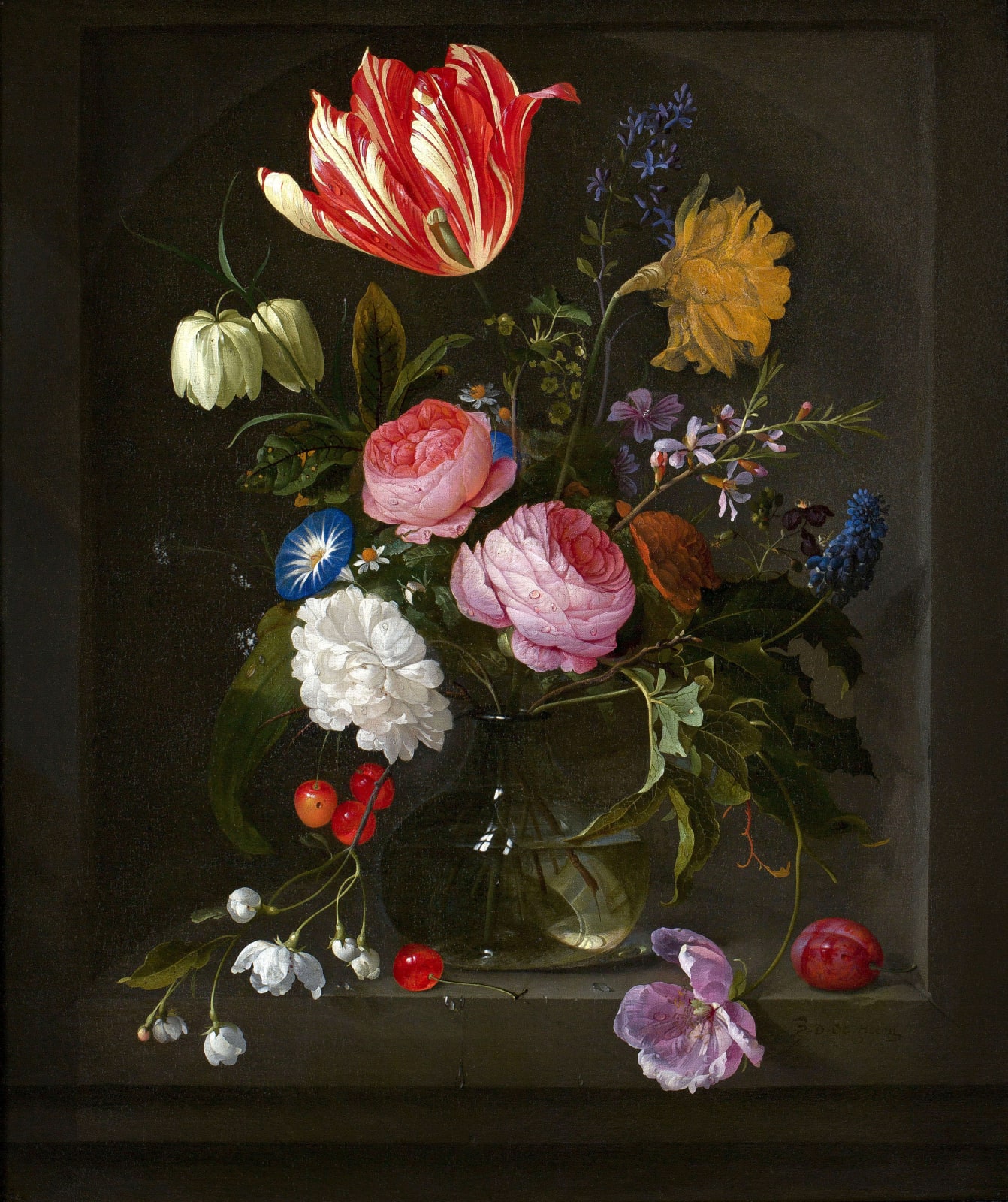 Jan David de HEEM 1606 Utrecht - Anvers 1684, Vase de fleurs dans un entablement