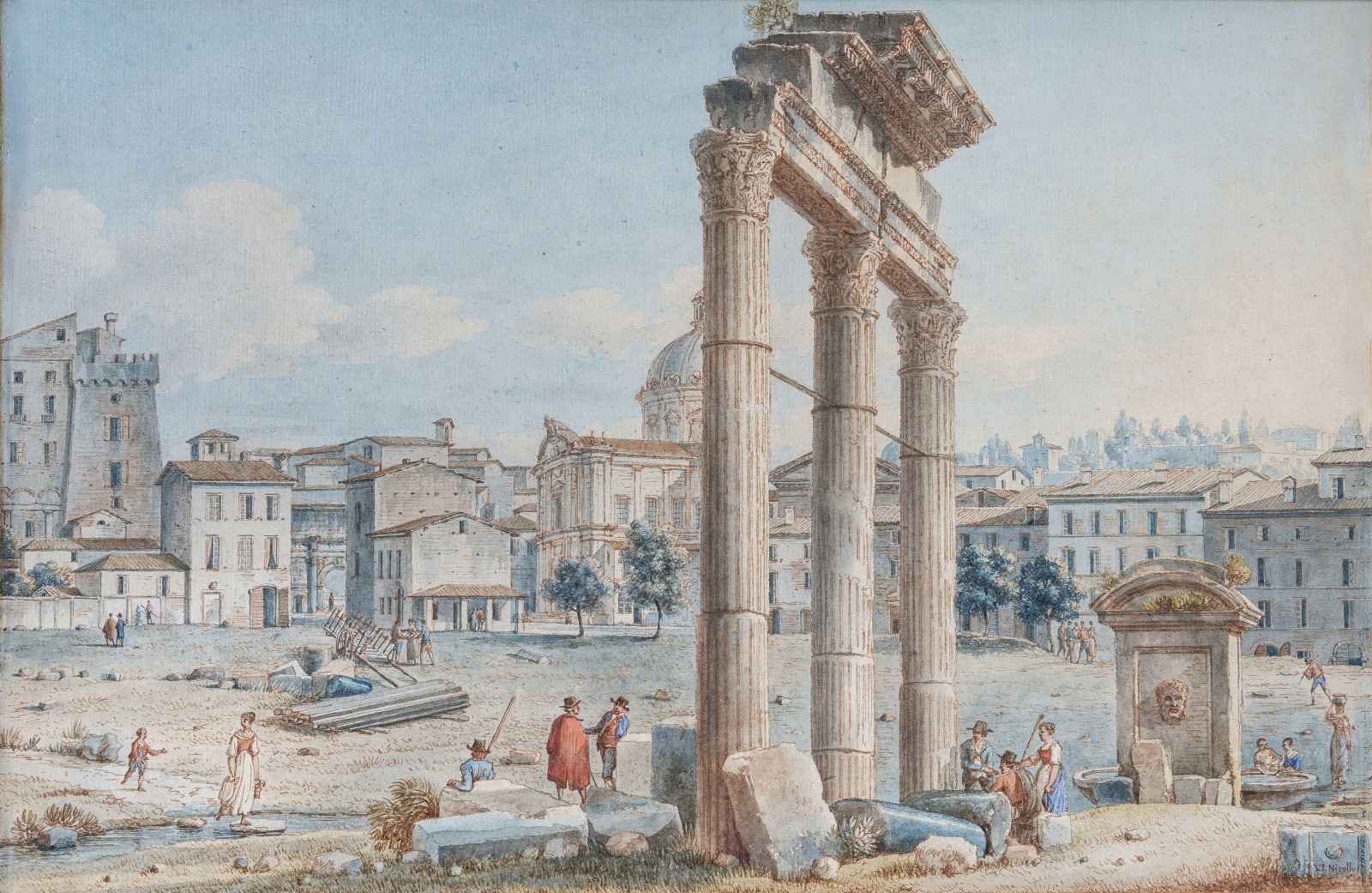 Victor Jean NICOLLE 1754 - Paris - 1826, Vue des trois colonnes Campo Vaccino ROME