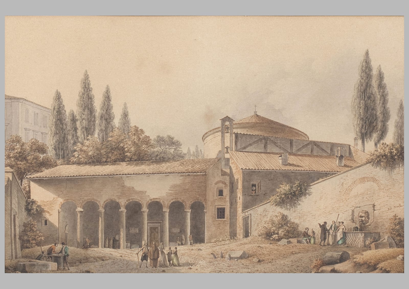 Victor Jean NICOLLE 1754 - Paris - 1826, La cour, le portique et l'entrée de l'Eglise San Stefano Rotondo à Rome