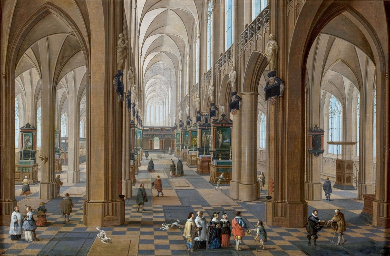 Pieter NEEFS L' Ancien 1578 - Anvers - 1659. signé et daté 1643, Intérieur de Cathédrale, animé de personnages