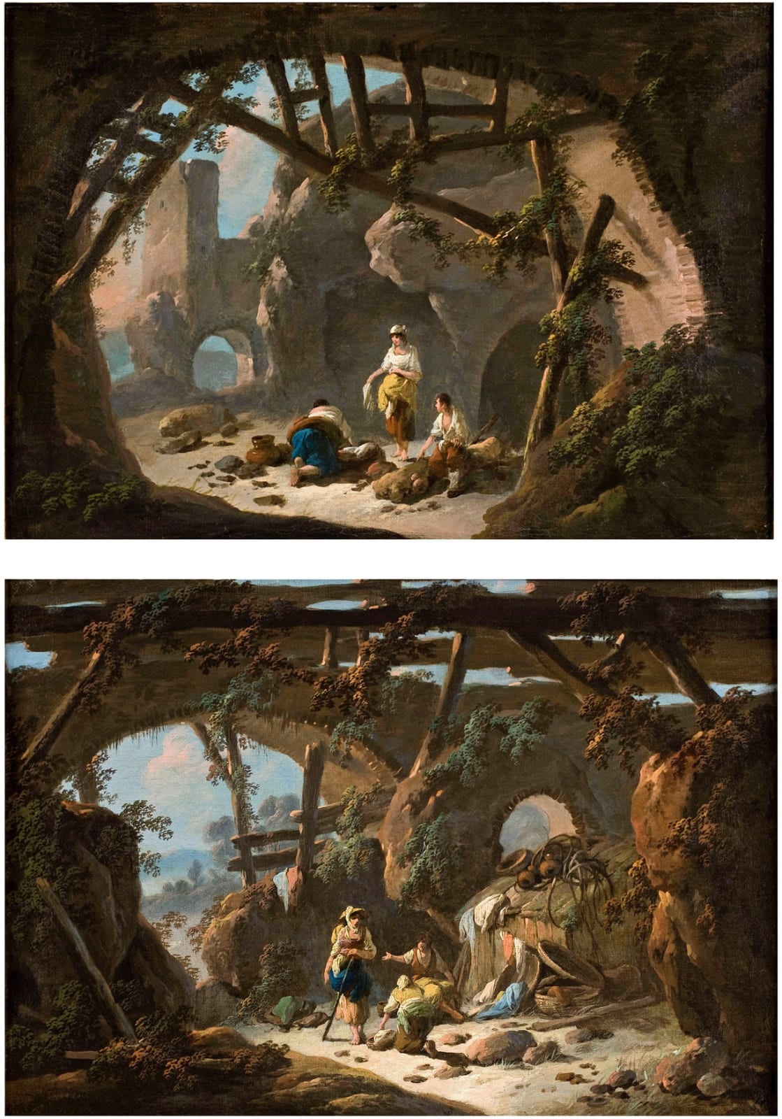 Jean Baptiste PILLEMENT, Paire de paysages animés de lavandières