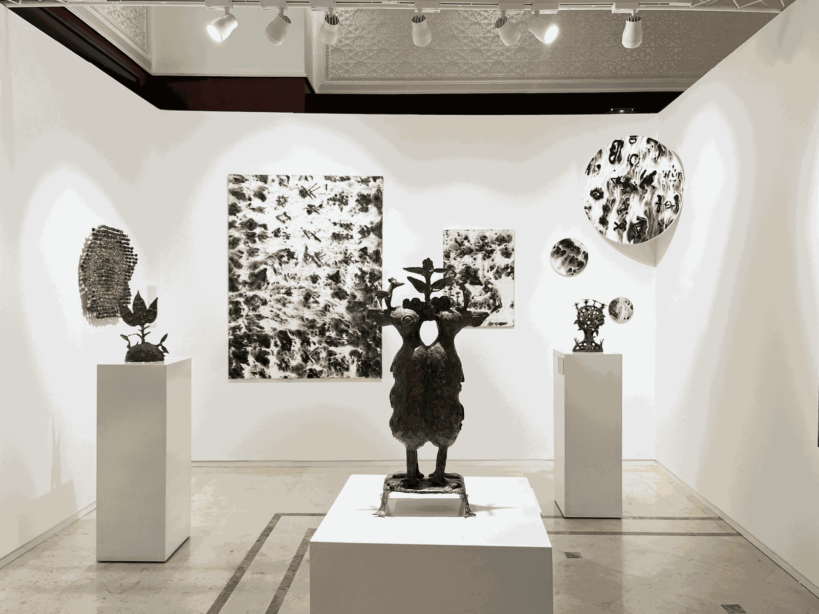 Installation View AFIKARIS Gallery at 1-54 Marrakech in la Mamounia. Nasreddine Bennacer, HERVÉ YAMGUEN and Ozioma Onuzulike
