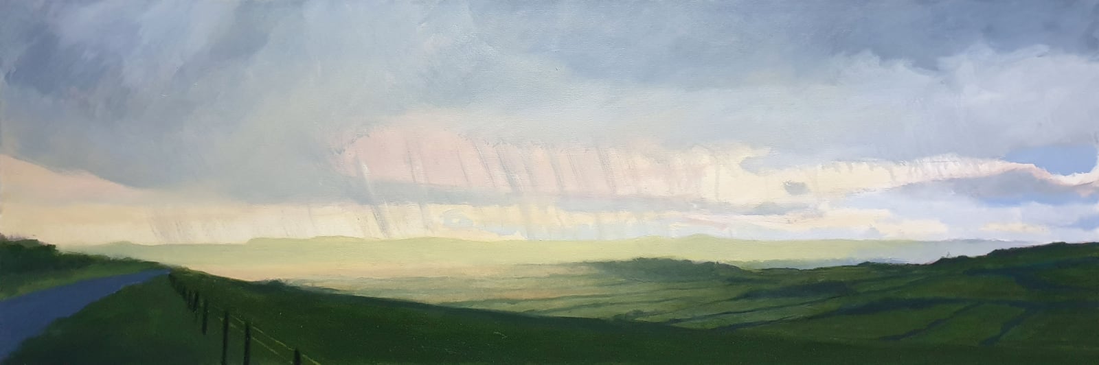 Kit Glaisyer, Storms passing over Eggardon Hill 120x40cm