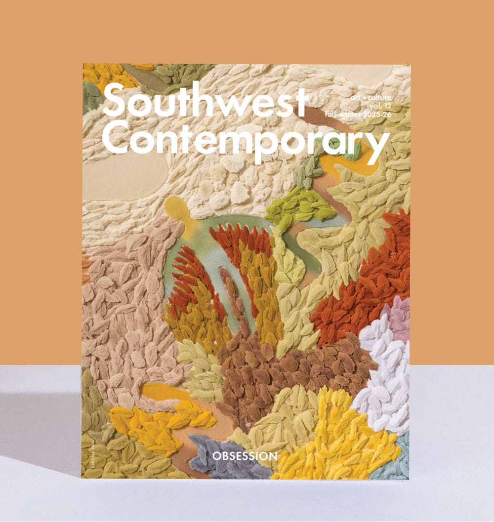 Southwest Contemporary Vol 12: OBSESSION. Cover art: Judy Tuwaletstiwa, Garden of Dreams I, 2022-25, kiln-fired glass on canvas, five panels, 96 x 86 in. Photo: Eric Swanson. Courtesy the artist and Tia Collection.