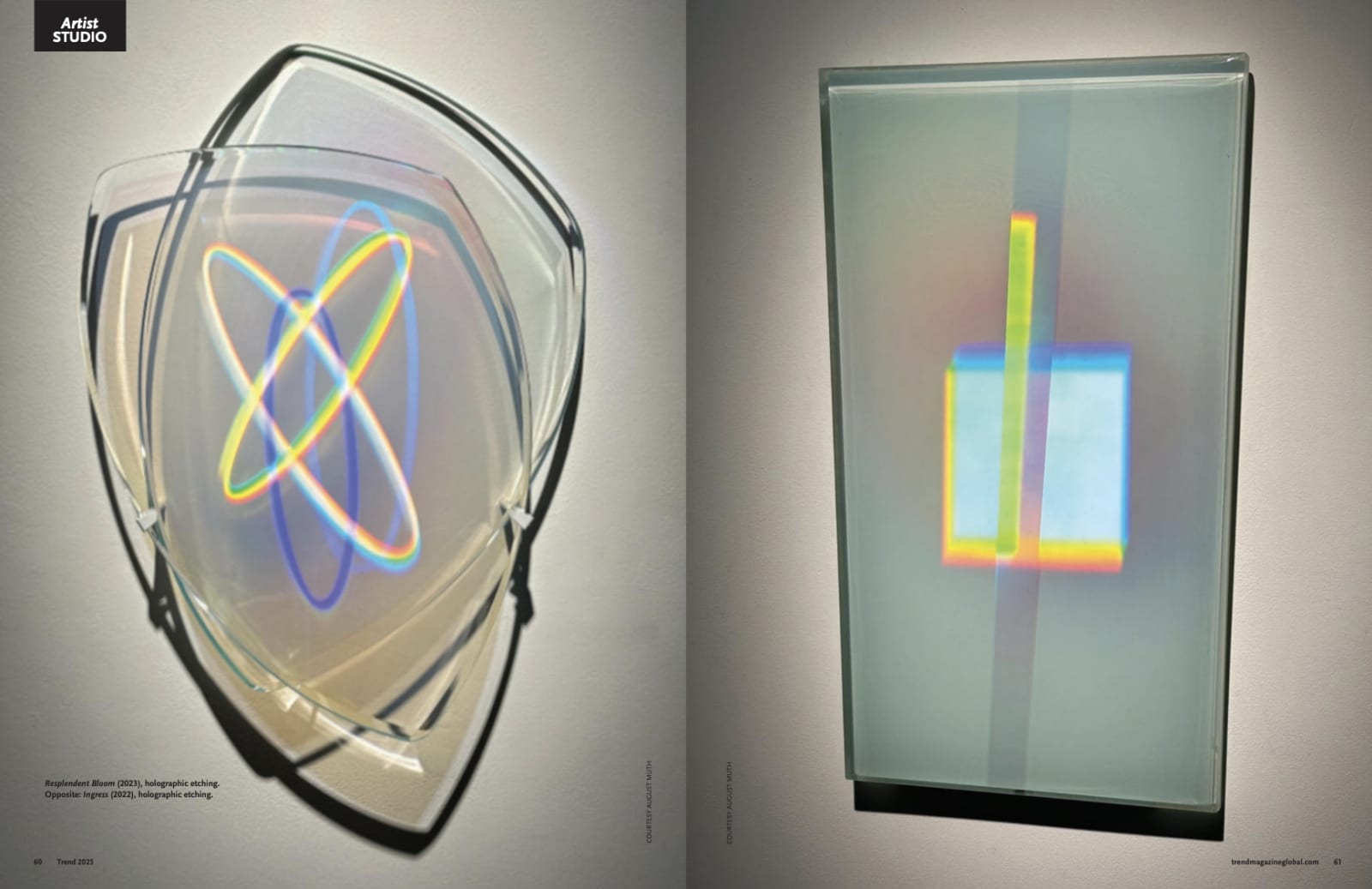 August Muth, Resplendent Bloom, 2023, holographic etching. August Muth, Ingress, 2022, holographic etching. Courtesy of the Artist and TREND Magazine. Photography by Kate Russell.
