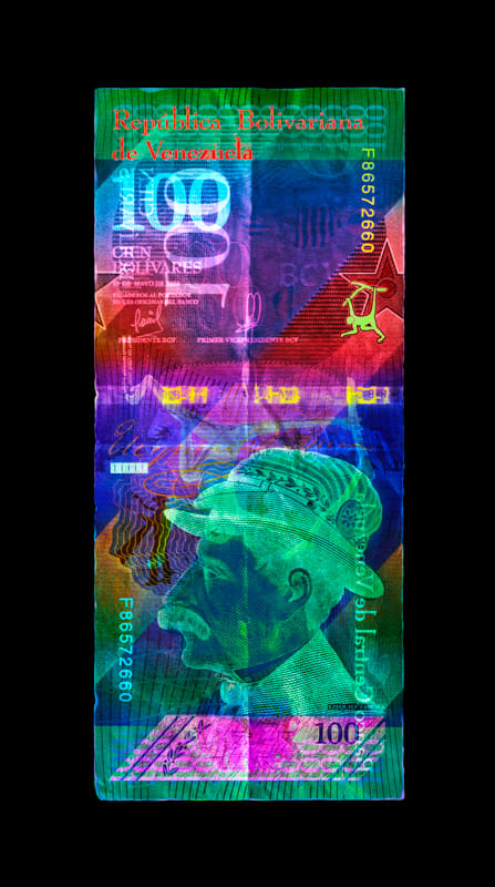 David LaChapelle, Negative Currenty: One Hundred Venezuelan Bolivar Used as Negative, 2025