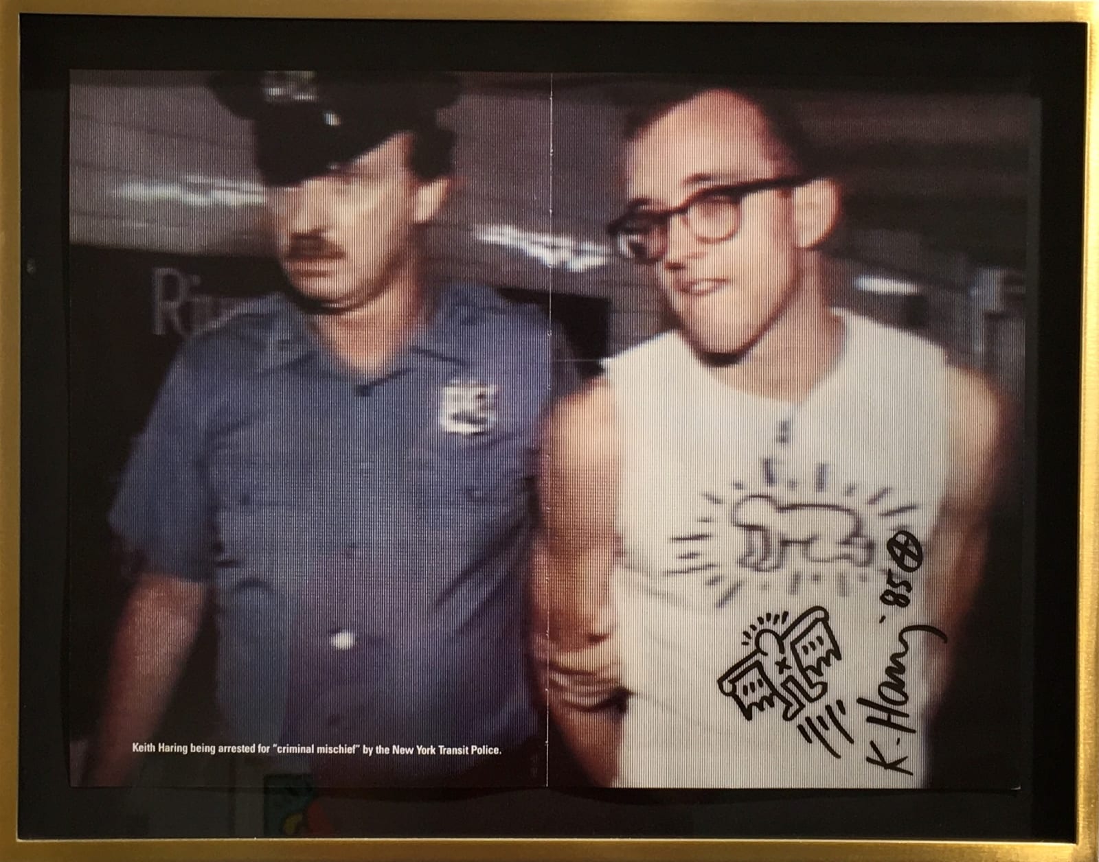 Untitled (Bat x Man), 1984 Original drawing by Keith Haring, on offset print of a shot of the artist being...