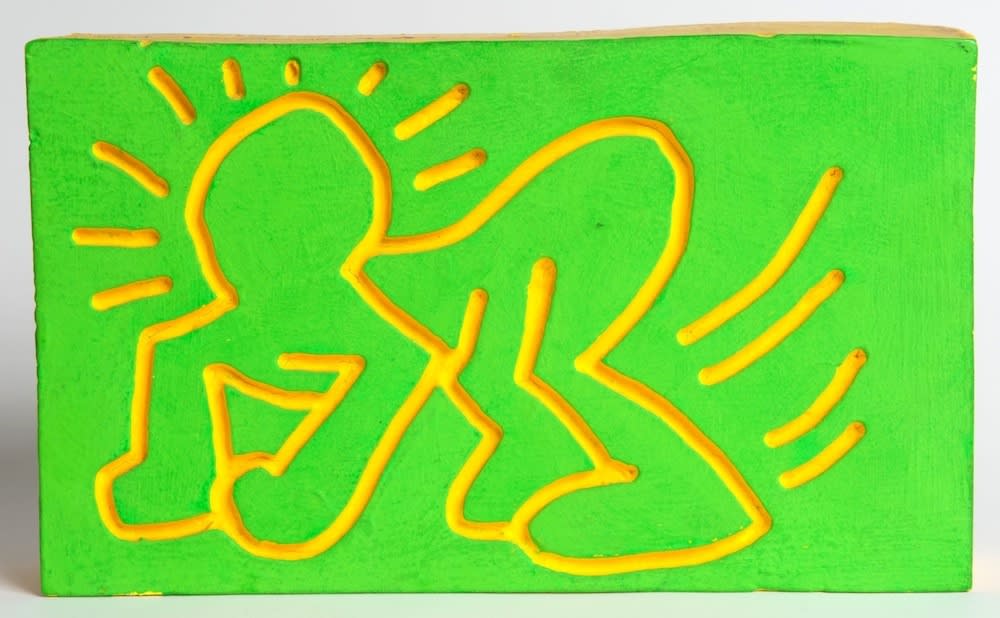 Crawling Radiant Baby Wood Carving, 1983 Unique wood carving with vivid green and yellow dayglo paint. Signed “For Dan -...