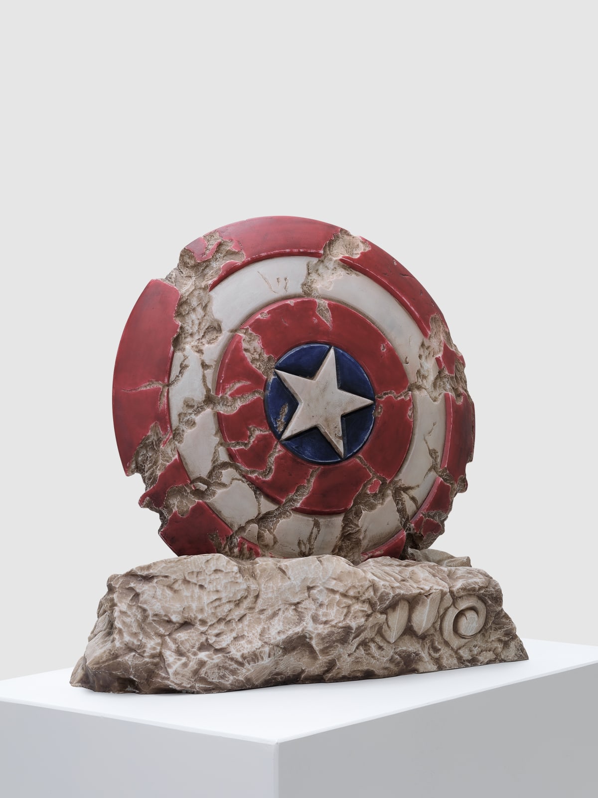 Filippo Tincolini's 'Acient Gods' marble sculpture: the shield of capitan american from an acient past front view.