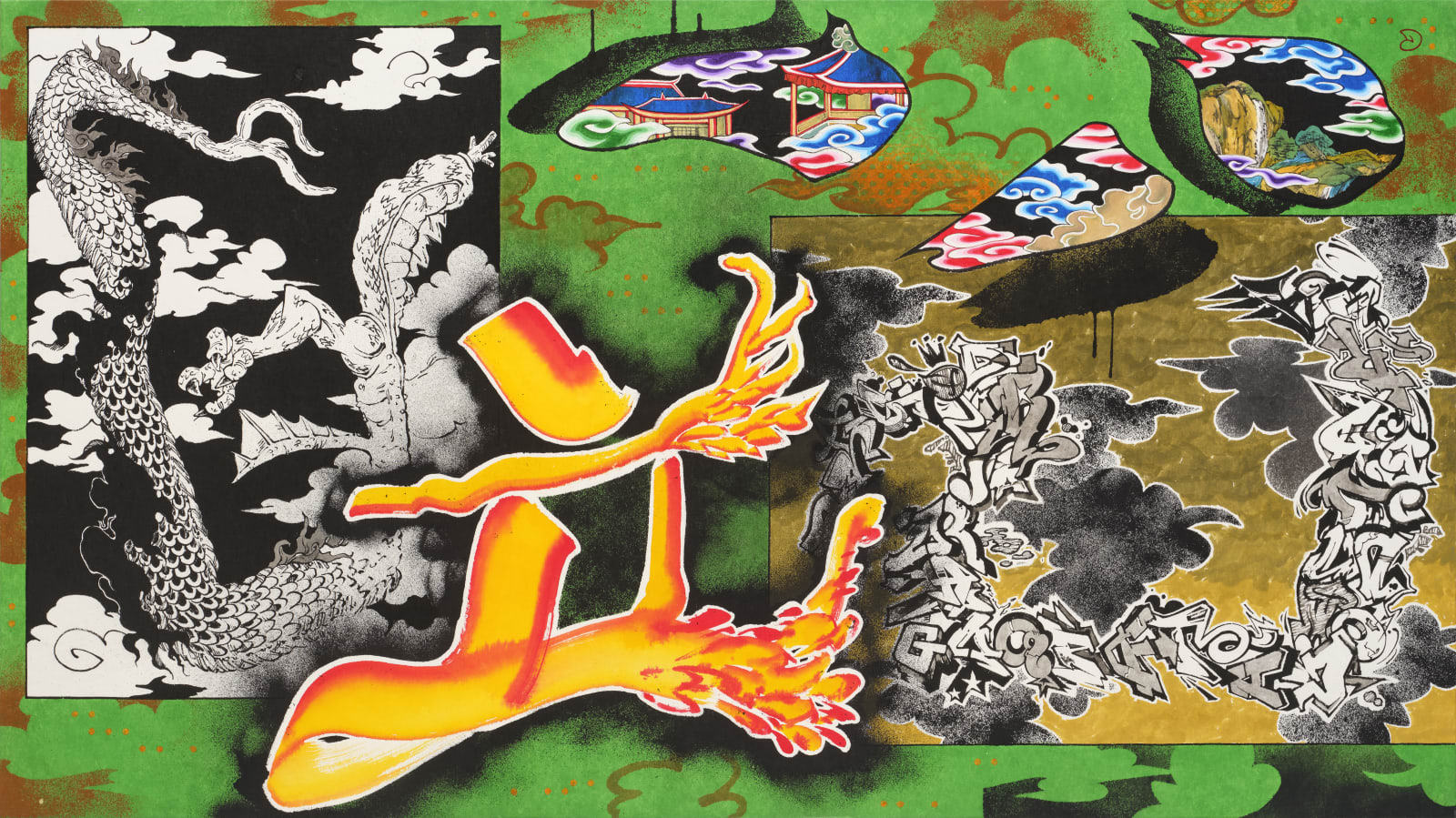 웅크린 용 Crouching Dragon 종이에 먹, 탁본 먹, 주묵, 잉크, 크래용 ink, rubbing ink, cinnabar ink and crayon on paper, 109×194cm, 2024