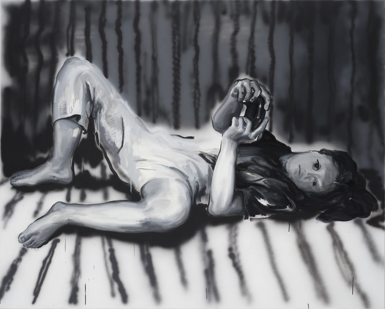 Laying with Switch 1, oil and acrylic on canvas, 181.8x227.3cm, 2020
