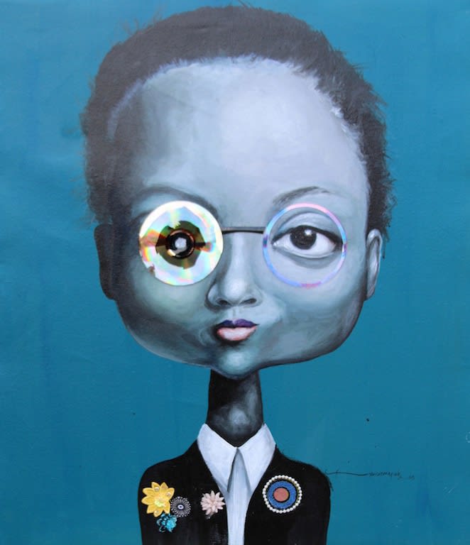 Rainbow Brigades III 2015 Acrylic trimmed out plastic printed fabrics embellishments and compact disk on canvas 90 x 85cm
