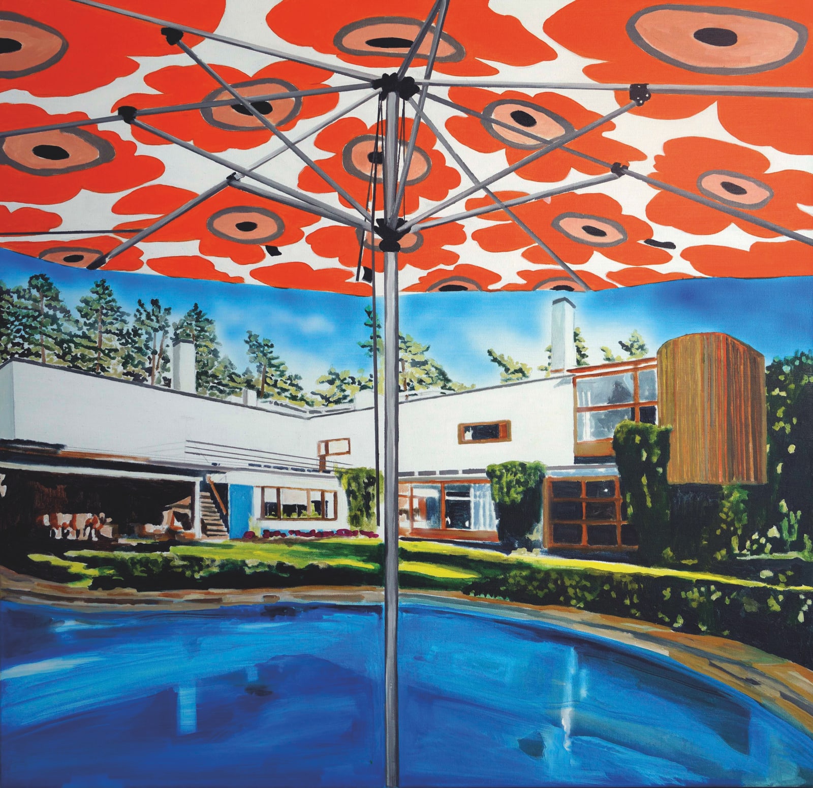 Eamon O'Kane, Alvar Aalto swimming pool with orange Marimekko parasol, 2022